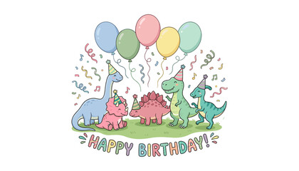 Cute cartoon dinosaur birthday card template vector illustration with sweet baby reptiles balloons confetti and party hats © akin