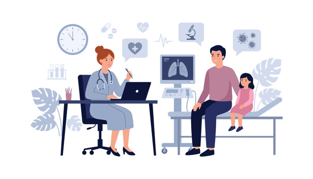 Female pediatrician consulting father with little daughter patient in clinic hospital office flat vector illustration