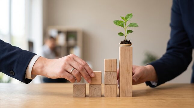 Business growth concept with wooden blocks arranged as bar chart steps and small green plant growing on top representing success strategy investment and development