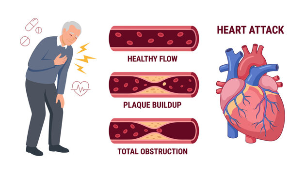 Medical infographic vector showing heart attack symptoms atherosclerotic plaque buildup stages total blood flow obstruction coronary artery disease concept