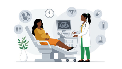 Obraz premium Pregnant Black woman receiving ultrasound examination from a black female gynecologist doctor in clinic flat vector illustration