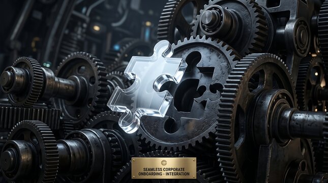 Glass puzzle piece sliding into complex metallic gear machinery