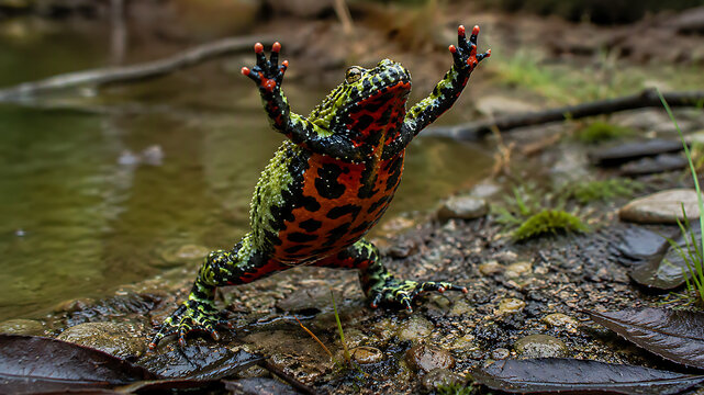 Oriental Fire-bellied Toad (Bombina orientalis) in Its Natural East Asian Wetland Habitat