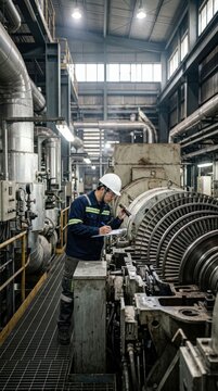 Industrial Engineer Inspecting Large Turbine Machinery in Power Plant.