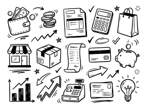Engaging set of hand-drawn sketch icons covering various business, finance, and shopping elements. Ideal for illustrating e-commerce, retail, and money management themes