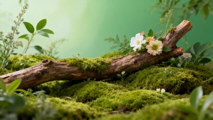 Fototapeta premium Moss Covered Fallen Log with Small White Flowers in Lush Green Forest Nature Scene
