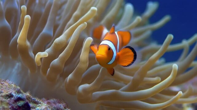 Clownfish swimming near anemone on the ocean floor mauritius