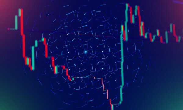 Abstract financial trading graph with stock market candlestick charts and digital glowing geometric patterns on a dark blue background.