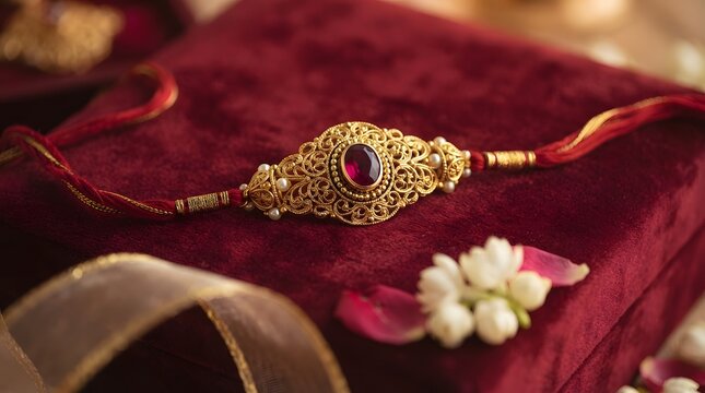 Beautiful gold rakhi with red gemstone and pearls on luxurious red velvet box with white flowers and ribbon