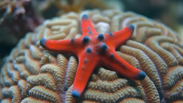 Red starfish sits on brain coral at the ocean floor mauritius