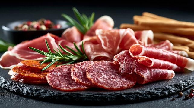 Delicious assorted charcuterie board with cured meats salami and ham charcuterie prosciutto