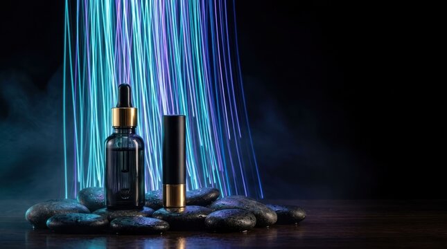 Luxury Skincare Products Displayed with Futuristic Neon Lights.