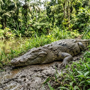 Large Crocodile Resting on Muddy Riverbank Surrounded by Lush Greenery.