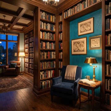 Luxurious Library Interior with Cozy Reading Nook and Extensive Book Collection.