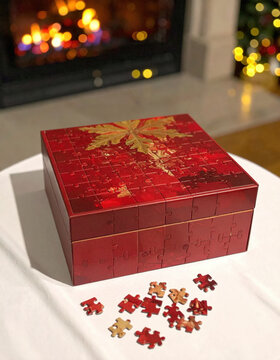 Christmas puzzle box with scattered jigsaw pieces near fireplace and decorated tree