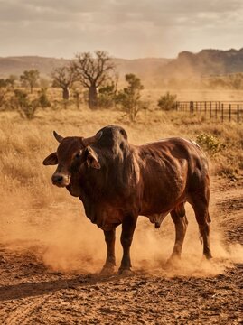 Majestic Brahman Bull Standing Proudly in Dusty Outback Landscape.