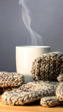 Cozy knitted textile with steaming ceramic cup in soft winter atmosphere