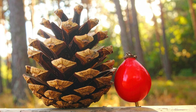 Pine cone and red berry beside forest woodland in warm autumn light