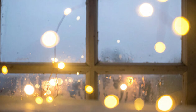 Rainy window with warm bokeh lights and winter city skyline creating cozy evening atmosphere