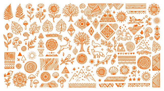 Diverse hand drawn natural and spiritual elements comprise this artistic collection It features stylized trees animals plants mountains with intricate folk art patterns and bohemian designs for