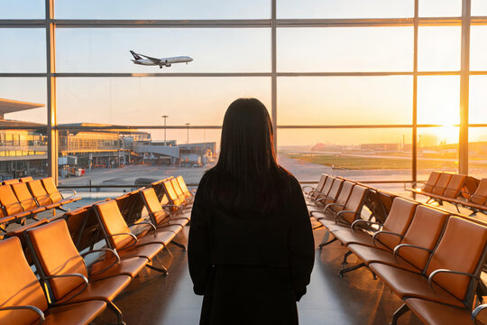 A woman with long black hair stands in an airport waiting room, looking at a plane taking off outside large windows during sunrise.