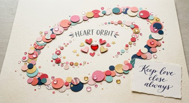 Heart Orbit Paper Circles and Acrylic Gems Composition