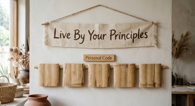 Inspirational Banner 'Live By Your Principles' Above Personal Code Wood Panels