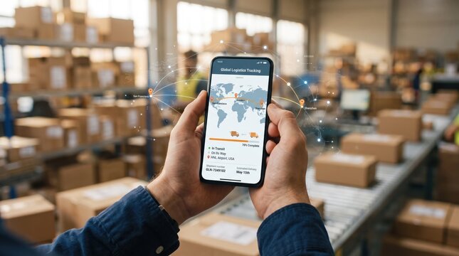 Hands holding smartphone displaying global logistics tracking map with delivery route overlay in busy warehouse distribution center background.