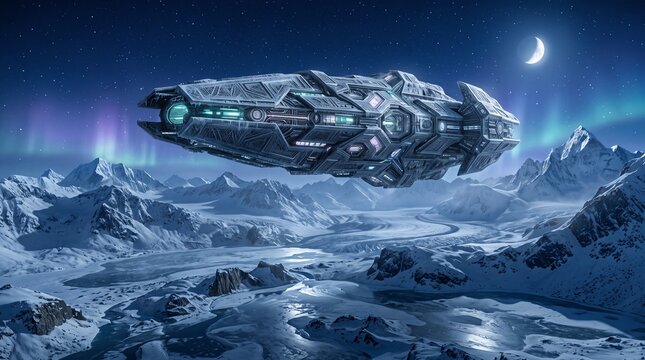Futuristic spaceship hovering over snowy mountain landscape at night