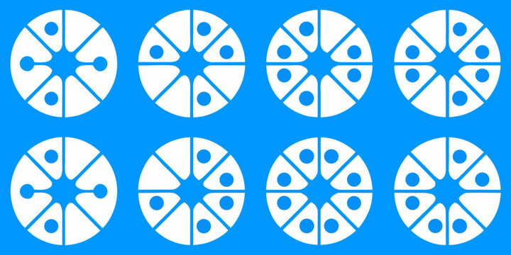 Circular divided shapes with blue centers on a bright blue background