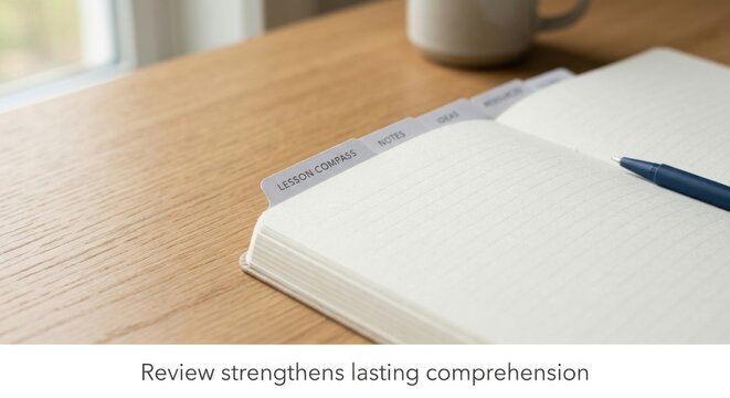 Open notebook with labeled tabs for lessons and notes on a wooden desk
