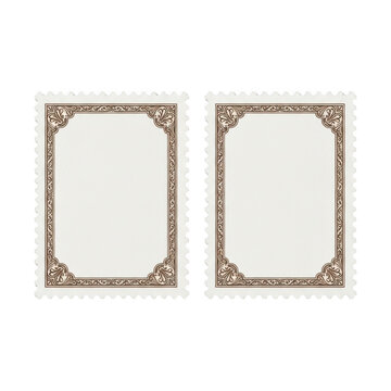 Two vintage postage stamps with decorative brown border