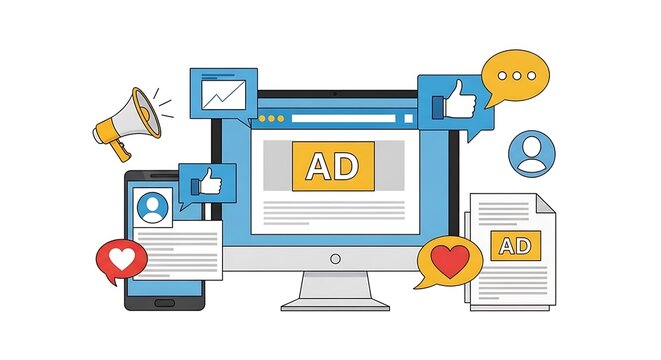 Digital marketing strategy concept featuring computer monitor with advertising content surrounded by social media icons megaphone and analytics elements for professional business promotion visuals
