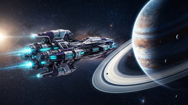 Advanced spaceship cruising through outer space near ringed planet and stars