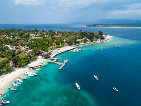 Aerial view of the natural scenery of the beaches and beaches of Gili Air Island, Indonesia