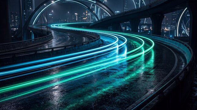 Abstract blue and green light trails on a dark background