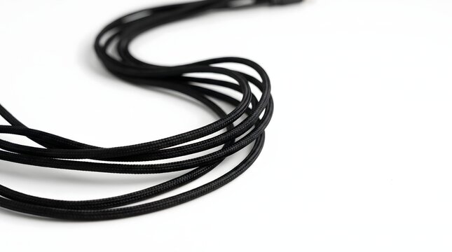 Braided black charging cables arranged in elegant flowing curves on clean white background captured with sharp macro photography lens focus