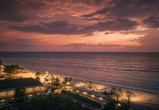 Aerial view of the beachfront nightscape of Gili Trawangan, Indonesia