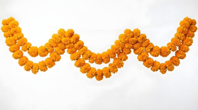 Double layered traditional indian marigold flower garland toran hanging for festive decoration, isolated on white background