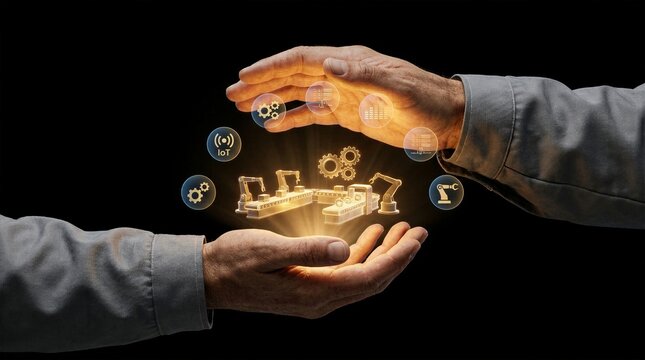 Two hands gently enclosing a glowing golden 3D factory production line hologram demonstrating human machine collaboration and intelligent industry oversight