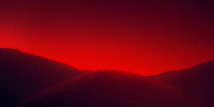 Abstract red landscape with rolling hills and vibrant gradient sky dramatic scenery.