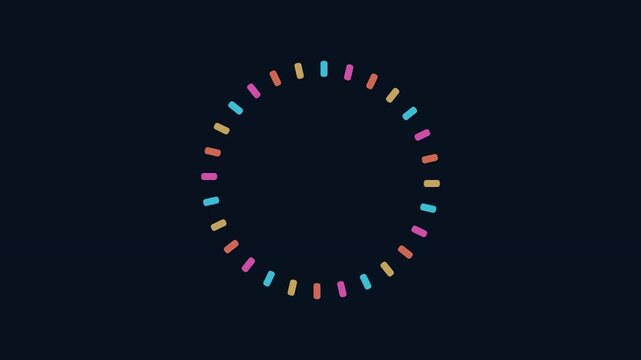 Minimalist loading circle animation, colorful dotted progress bar on dark background, motion graphic buffer icon for web interface