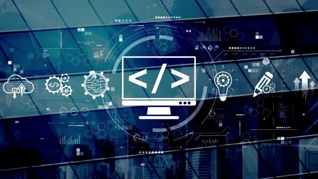 Modern web development concept featuring coding symbols, web development process, web development interface, and web development tools with futuristic design. Muxer