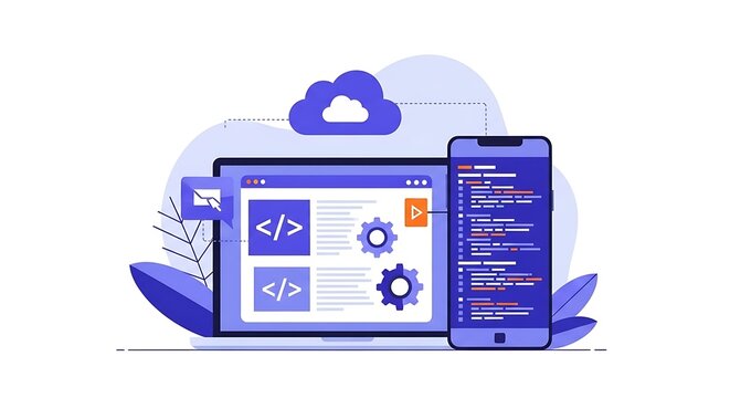 Modern web development vector illustration featuring laptop and smartphone screens with coding symbols, gear icons, and cloud computing elements for professional software engineering platforms
