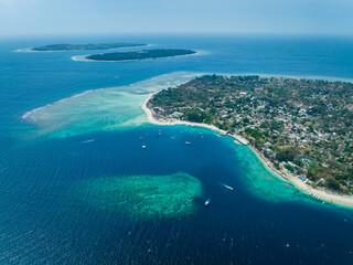 Fototapeta premium Aerial panoramic view of the natural scenery of the Gili Islands in Lombok, Indonesia