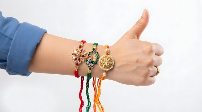 Hand showing thumbs up with three decorative rakhi bracelets isolated on white background