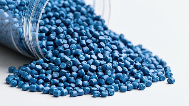 Blue plastic pellets pouring out from transparent jar, polymer granules, chemical manufacturing industrial asset