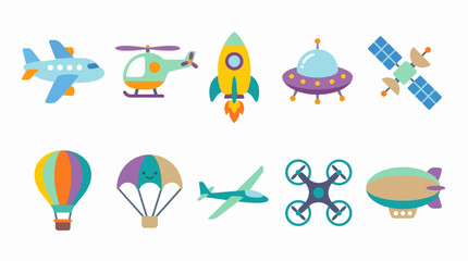 Air and space transportation set, flat cartoon flying vehicles and spacecraft collection isolated on white background © Aldila