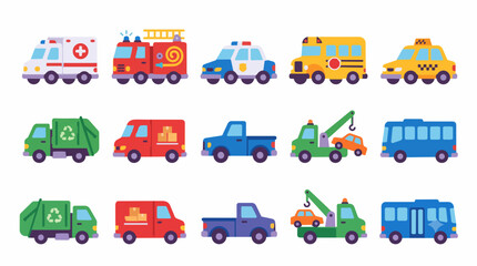 Naklejka premium Big set of city service transportation vehicles, flat cartoon cars and trucks collection isolated on white background