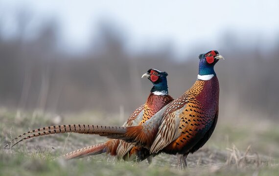 Two male common pheasants standing in a grassy field with brown and orange feathers and long tails during a clear day in the countryside